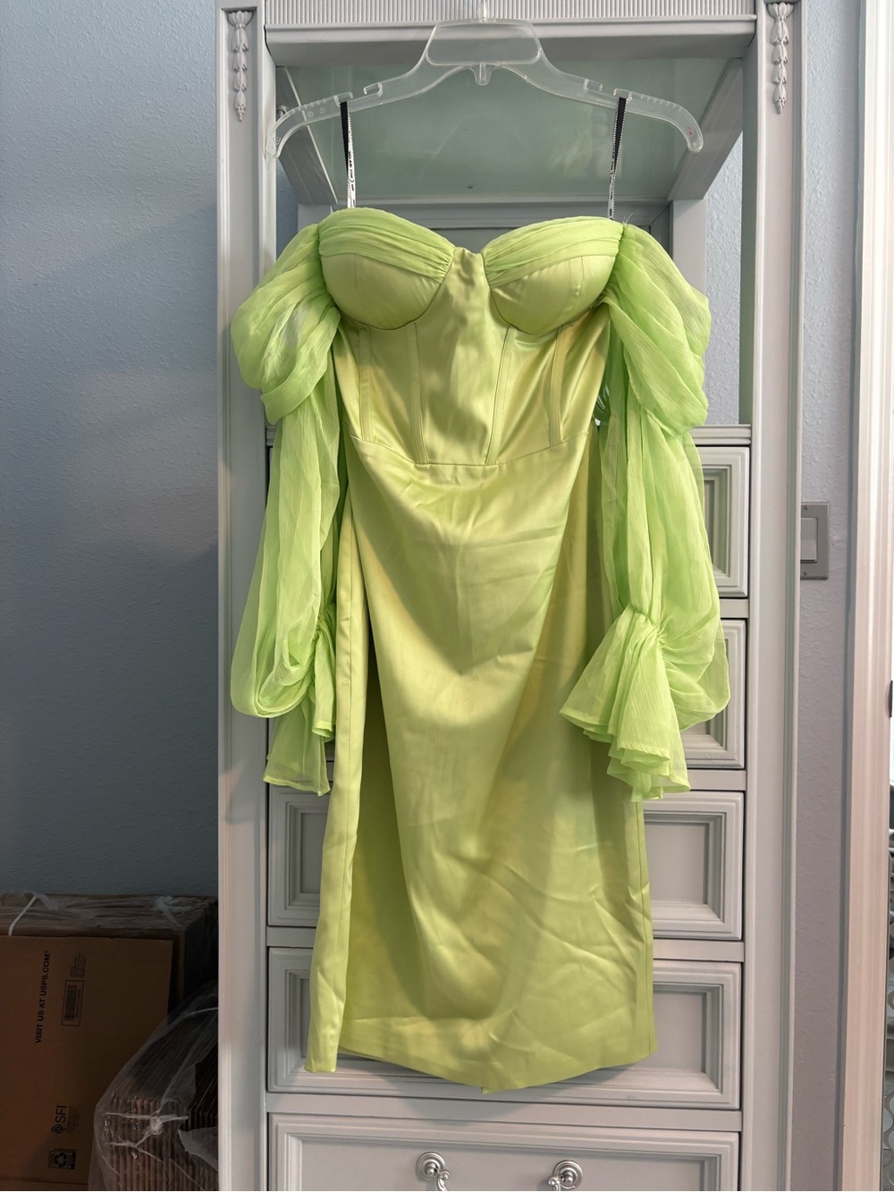 Lime Green Off-Shoulder Mini Dress with Sheer Puff Sleeves